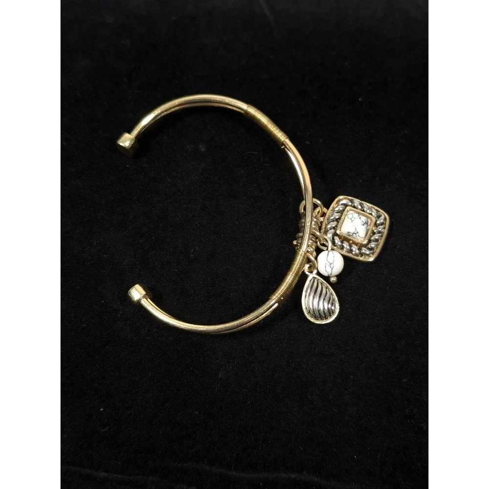 Two Tone Cable Cuff Bracelet Gold Silver Square‎ Charm Small 6 in Minimalist